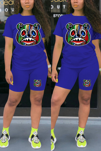 Blue Fashion Casual Printed T-shirt Shorts Set