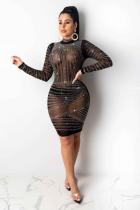 Black Fashion adult Sexy Cap Sleeve Long Sleeves O neck Hip skirt Knee-Length Mesh perspective d