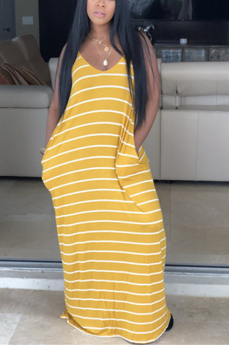 Yellow Sexy Fashion Spaghetti Strap Sleeveless Slip Step Skirt Ankle-Length Striped Solid Casual