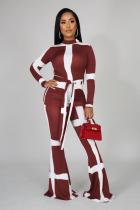Wine Red adult Fashion Casual Striped contrast color Print Two Piece Suits Loose Long Sleeve Two-p