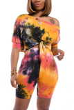 Pink Fashion adult Casual Tie Dye Bandage Print Two Piece Suits Patchwork pencil Half Sleeve