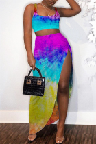 PinkBlue Sexy Tie-dyed Printed Vest Tops Skirt Set