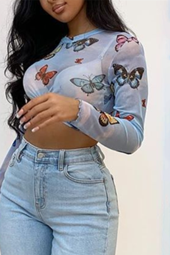 Light Blue Sexy Fashion Print Long Sleeve Top