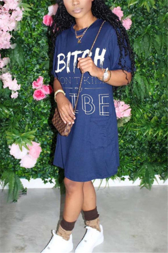Dark Blue Fashion Letter Printed Short Sleeve Dress