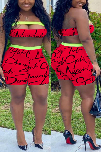 Red Sexy Printed Strapless Top Shorts Set