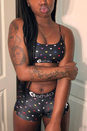 Black Sexy Fashion Print Sling Tops Shorts Set