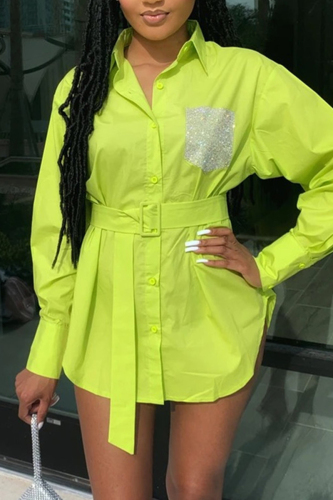 FluorescentYellow Fashion Casual Long Sleeve Shirt Dress