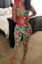 Red Sexy Printed Sleeveless Top Trousers Set