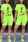 Fluorescent green Fashion Casual Printed T-shirt Shorts Set
