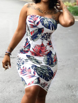 Multi-color Fashion Sexy Off The Shoulder Sleeveless Wrapped chest Hip skirt Mini Print 