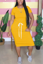 Yellow Fashion Casual Short Sleeve Long Dress
