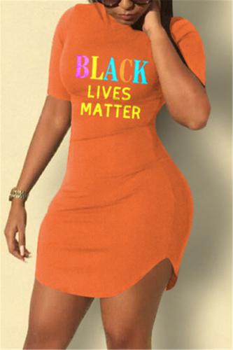 Orange Fashion Letter Printed Short Sleeve Dress