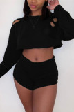 Black Fashion Sexy Long Sleeve Top Shorts Set