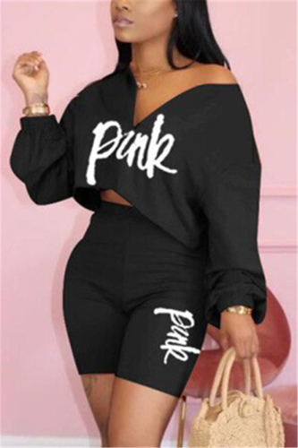 Black Fashion Letter Printed Top Pants Casual Set