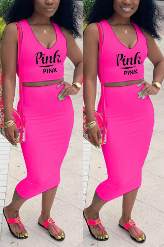 Rose Red Fashion Casual Printed Sleeveless Top Set