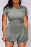 Gray Blue Fashion Casual Solid Slit O Neck Plus Size Two Pieces
