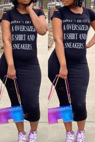 Black Fashion Casual Printed Short Sleeve Dress