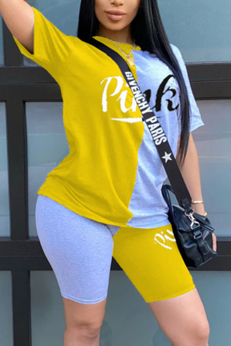 Yellow Fashion Casual Printed Short Sleeve Top Shorts Set