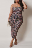 Brown Sexy Fashion Print Plus Size Suspender Dress