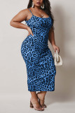 Blue Sexy Fashion Print Plus Size Suspender Dress