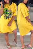 Yellow Fashion Casual Cartoon Printed Dress
