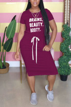 Wine Red Fashion Sexy Printed Short Sleeve Dress