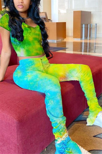 Yellow Fashion Casual Tie-dye Printed Two-piece Set
