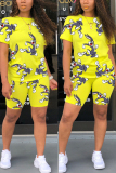 Yellow Fashion Rabbit Print T-shirt Shorts Set