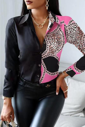 Pink Fashion Casual Print Patchwork Turndown Collar Tops