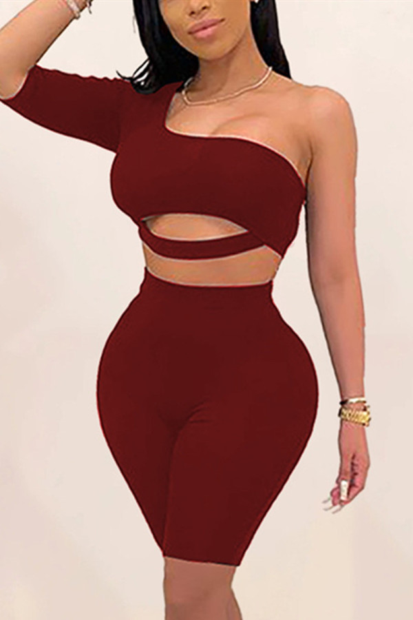 Wine Red Sexy Fashion Single Sleeve Top Shorts Set