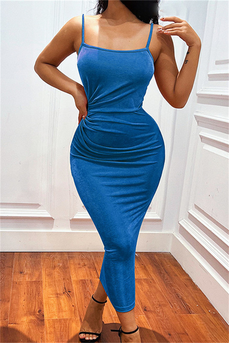 

Blue Fashion Sexy Solid Backless Spaghetti Strap Long Dress