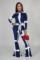 Royal blue adult Fashion Casual Striped contrast color Print Two Piece Suits Loose Long Sleeve Two-p