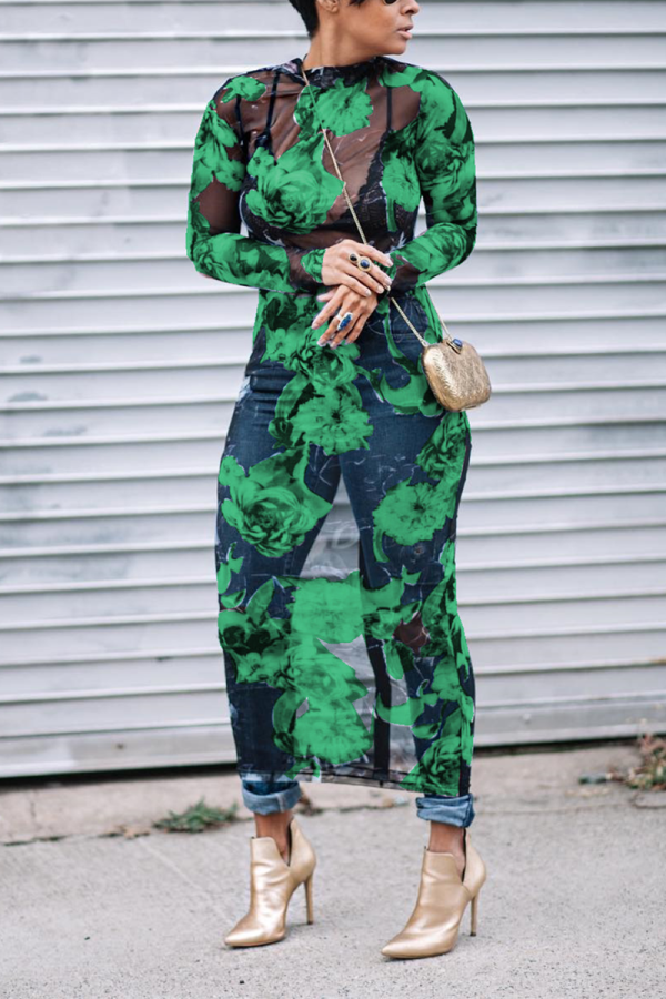 Green Fashion Sexy Print Sheer Dress