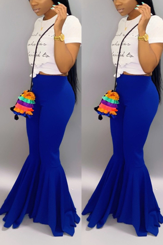 Blue Elastic Fly High Asymmetrical Draped Solid Boot Cut Pants Pants