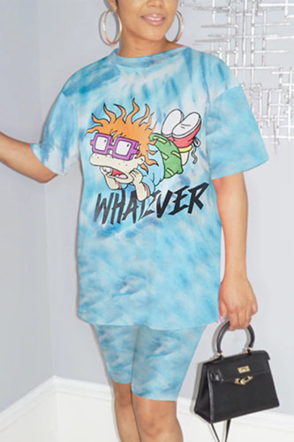 Light Blue Fashion Casual Printed Short-sleeved T-shirt Set