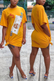 Orange Sexy Cap Sleeve Short Sleeves O neck Step Skirt Knee-Length Print