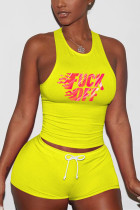 Yellow Fashion Casual Printed Sleeveless Vest Shorts Set