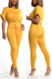 Yellow Fashion Casual Short Sleeve Trousers Set