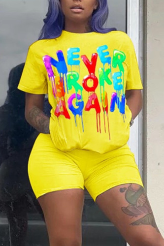 Yellow Fashion Casual Printed Short Sleeve Shorts Set