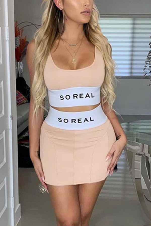 Pink Fashion Sexy Letter Printed Vest Skirt Slim Set