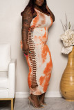 Orange Fashion Sexy Print Plus Size Suspender Dress