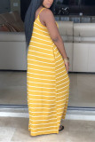 Yellow Sexy Fashion Spaghetti Strap Sleeveless Slip Step Skirt Ankle-Length Striped Solid Casual