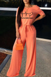 Orange Casual Print Patchwork O Neck Straight Jumpsuits