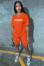 Orange Fashion adult Active Letter Print Two Piece Suits Patchwork Straight Short Sleeve Two-Pie