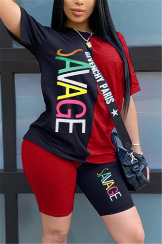 BlackRed Fashion Letter Print T-shirt Shorts Patchwork Set