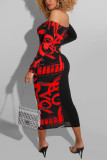 Yellow Sexy Fashion adult Off The Shoulder Long Sleeves One word collar Step Skirt Mid-Calf Patch
