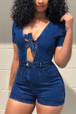 Blue Fashion Sexy Short Sleeve Denim Romper