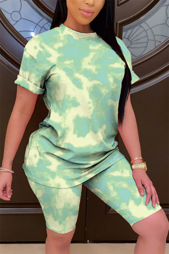 Green Fashion Casual Printed T-shirt Shorts Set