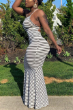 White Sexy Backless Striped Print Sleeveless Dress