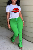Light Green Fashion Casual Printed Short Sleeve Trouser Set